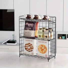 Organizador de Lanches Dobrável 3 Níveis - Estrutura em Aço Resistente com Pés Ajustáveis, Armazenamento Compacto para Cozinha, Banheiro e Escritório - Prateleira Multiuso para Petiscos, Especiarias, Frutas e Itens Essenciais do Banheiro