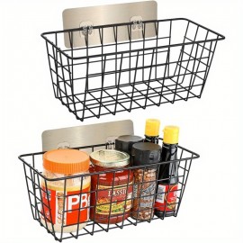 Conjunto de 2 Cestos de Armazenamento de Metal Preto para Montagem na Parede - Organizador Adesivo Sem Perfuração para Cozinha, Despensa, Casa de Banho - Design de Malha de Arame que Economiza Espaço com Clips Seguros, Organização Moderna da Casa, Organiz