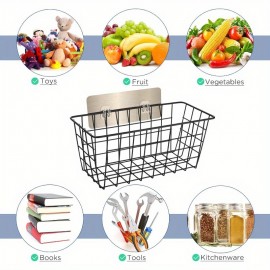 Conjunto de 2 Cestos de Armazenamento de Metal Preto para Montagem na Parede - Organizador Adesivo Sem Perfuração para Cozinha, Despensa, Casa de Banho - Design de Malha de Arame que Economiza Espaço com Clips Seguros, Organização Moderna da Casa, Organiz