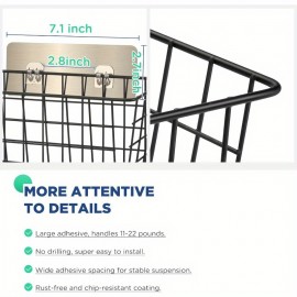 Conjunto de 2 Cestos de Armazenamento de Metal Preto para Montagem na Parede - Organizador Adesivo Sem Perfuração para Cozinha, Despensa, Casa de Banho - Design de Malha de Arame que Economiza Espaço com Clips Seguros, Organização Moderna da Casa, Organiz
