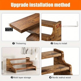 Prateleira de 3 Níveis SPI - Organizador Espaçoso e Resistente para Garrafas, Frascos, Temperos e Utensílios de Cozinha, Armazenamento em Bancada ou Armário com Prateleiras Multiuso, Acabamento Madeira Natural, Textura Realista, Construção Robusta