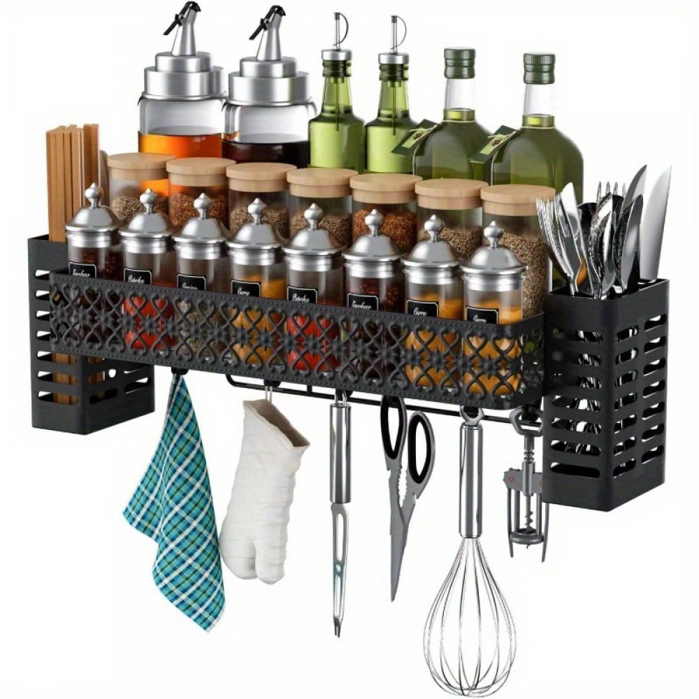 Prateleira Organizadora de Metal Resistente para Fogão - Rack de Armazenamento Economizador de Espaço com 6 Ganchos, Porta Utensílios e Compartimentos para Temperos - Prateleira Robusta para Bancada ou Parede em Cozinhas Pequenas - Instalação Fácil, Desig