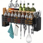 Prateleira Organizadora de Metal Resistente para Fogão - Rack de Armazenamento Economizador de Espaço com 6 Ganchos, Porta Utensílios e Compartimentos para Temperos - Prateleira Robusta para Bancada ou Parede em Cozinhas Pequenas - Instalação Fácil, Desig