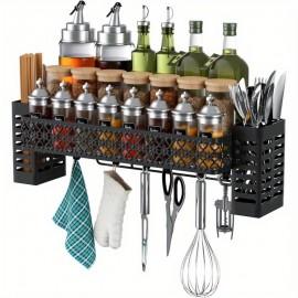 Prateleira Organizadora de Metal Resistente para Fogão - Rack de Armazenamento Economizador de Espaço com 6 Ganchos, Porta Utensílios e Compartimentos para Temperos - Prateleira Robusta para Bancada ou Parede em Cozinhas Pequenas - Instalação Fácil, Desig