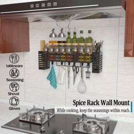 Prateleira Organizadora de Metal Resistente para Fogão - Rack de Armazenamento Economizador de Espaço com 6 Ganchos, Porta Utensílios e Compartimentos para Temperos - Prateleira Robusta para Bancada ou Parede em Cozinhas Pequenas - Instalação Fácil, Desig