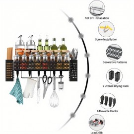 Prateleira Organizadora de Metal Resistente para Fogão - Rack de Armazenamento Economizador de Espaço com 6 Ganchos, Porta Utensílios e Compartimentos para Temperos - Prateleira Robusta para Bancada ou Parede em Cozinhas Pequenas - Instalação Fácil, Desig