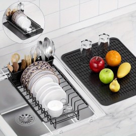 Suporte Expansível para Secar Louça Resistente com Tapete Antiderrapante de Silicone - Ajustável de 14'' a 19'', Organizador de Pratos Economizador de Espaço com Porta-Talheres Removível, Aço Inoxidável à Prova de Ferrugem para Cozinhas Modernas - Fácil d
