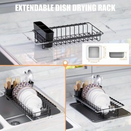 Suporte Expansível para Secar Louça Resistente com Tapete Antiderrapante de Silicone - Ajustável de 14'' a 19'', Organizador de Pratos Economizador de Espaço com Porta-Talheres Removível, Aço Inoxidável à Prova de Ferrugem para Cozinhas Modernas - Fácil d