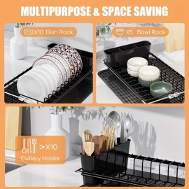 Suporte Expansível para Secar Louça Resistente com Tapete Antiderrapante de Silicone - Ajustável de 14'' a 19'', Organizador de Pratos Economizador de Espaço com Porta-Talheres Removível, Aço Inoxidável à Prova de Ferrugem para Cozinhas Modernas - Fácil d