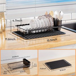 Suporte Expansível para Secar Louça Resistente com Tapete Antiderrapante de Silicone - Ajustável de 14'' a 19'', Organizador de Pratos Economizador de Espaço com Porta-Talheres Removível, Aço Inoxidável à Prova de Ferrugem para Cozinhas Modernas - Fácil d