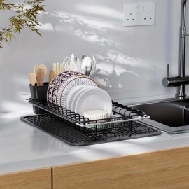 Suporte Expansível para Secar Louça Resistente com Tapete Antiderrapante de Silicone - Ajustável de 14'' a 19'', Organizador de Pratos Economizador de Espaço com Porta-Talheres Removível, Aço Inoxidável à Prova de Ferrugem para Cozinhas Modernas - Fácil d
