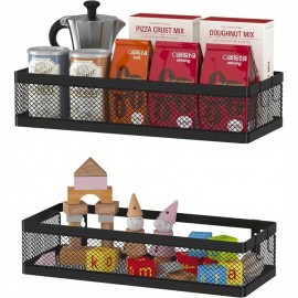 2-Pack Organizador de Parede em Metal Preto com 2 Cestas e 4 Ganchos - Prateleiras Modernas de Malha Metálica para Cozinha, Banheiro ou Despensa - Design Resistente e Economiza Espaço, Decoração Multiuso, Construção Robusta, Aparência Patenteada