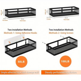 2-Pack Organizador de Parede em Metal Preto com 2 Cestas e 4 Ganchos - Prateleiras Modernas de Malha Metálica para Cozinha, Banheiro ou Despensa - Design Resistente e Economiza Espaço, Decoração Multiuso, Construção Robusta, Aparência Patenteada