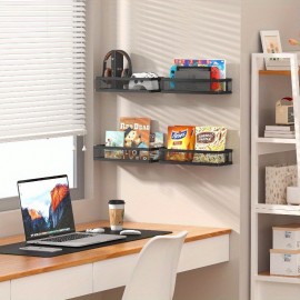 2-Pack Organizador de Parede em Metal Preto com 2 Cestas e 4 Ganchos - Prateleiras Modernas de Malha Metálica para Cozinha, Banheiro ou Despensa - Design Resistente e Economiza Espaço, Decoração Multiuso, Construção Robusta, Aparência Patenteada