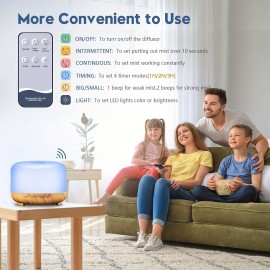 16.91oz Difusor De Óleo Essencial, Umidificador Ultrassônico Com Controle Remoto, Difusor De Aromaterapia, Luz LED De 7 Cores, Temporizador E Desligamento Automático