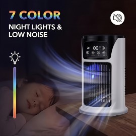 Ventilador de arrefecimento portátil para quarto com luz de atmosfera, ventilador de nebulização e humidade com função de temporização, água e gelo, arrefecimento de 6 velocidades, efeito de arrefecimento bom, silencioso, arrefecimento perfeito para acamp