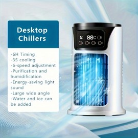 Ventilador de arrefecimento portátil para quarto com luz de atmosfera, ventilador de nebulização e humidade com função de temporização, água e gelo, arrefecimento de 6 velocidades, efeito de arrefecimento bom, silencioso, arrefecimento perfeito para acamp