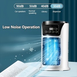 Ventilador de arrefecimento portátil para quarto com luz de atmosfera, ventilador de nebulização e humidade com função de temporização, água e gelo, arrefecimento de 6 velocidades, efeito de arrefecimento bom, silencioso, arrefecimento perfeito para acamp