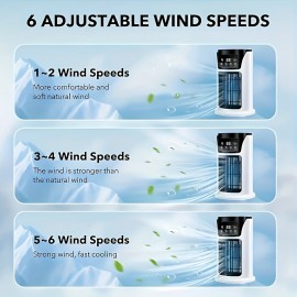 Ventilador de arrefecimento portátil para quarto com luz de atmosfera, ventilador de nebulização e humidade com função de temporização, água e gelo, arrefecimento de 6 velocidades, efeito de arrefecimento bom, silencioso, arrefecimento perfeito para acamp