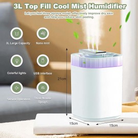 Umidificador Legal de Grande Capacidade 101.44oz Branco com Três Bocais, 20dB, Luz Multicolorida Desligamento Automático para Quarto Sala de Estar, mesa de escritório, Ideal para Presente de Natal