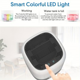 Desumidificador para Casa com Luz Noturna de 7 Cores, Função Automática de Desligamento e Secagem Inteligente, Adequado para Banheiros, RVs e Guarda-Roupas, Plugue Americano 110V-130V, Sem Bateria Necessária