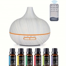 18.6oz Aromaterapia Óleo Essencial Difusor Grão De Madeira Controle Remoto Umidificador De Ar Ultrassônico Fresco 7 Cores Luz LED Com 6 Óleos
