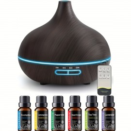 18.6oz Aromaterapia Óleo Essencial Difusor Grão De Madeira Controle Remoto Umidificador De Ar Ultrassônico Fresco 7 Cores Luz LED Com 6 Óleos