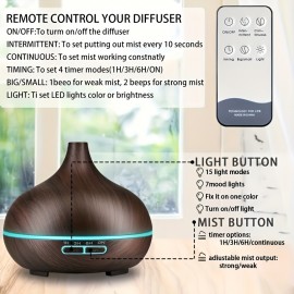 18.6oz Aromaterapia Óleo Essencial Difusor Grão De Madeira Controle Remoto Umidificador De Ar Ultrassônico Fresco 7 Cores Luz LED Com 6 Óleos
