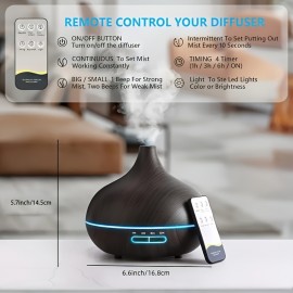18.6oz Aromaterapia Óleo Essencial Difusor Grão De Madeira Controle Remoto Umidificador De Ar Ultrassônico Fresco 7 Cores Luz LED Com 6 Óleos