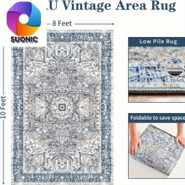 Tapete Azul de Caxemira Sintética Vintage para o Dia da Independência 8x10 pés | Edição Limitada do Juneteenth/Dia das Memórias | Resistente à Chama e Antiderrapante | Decoração para Sala/Sala de Estar ou Quarto | Lavável na Máquina