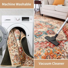 Tapete vintage lavável de baixa pilha LOCHAS, tapete interior com estampa floral antiderrapante para sala de estar, tapetes de acréscimo de piso sem derramamento para quarto, sala de jantar, decoração de escritório em casa, azul, vermelho, laranja, preto,