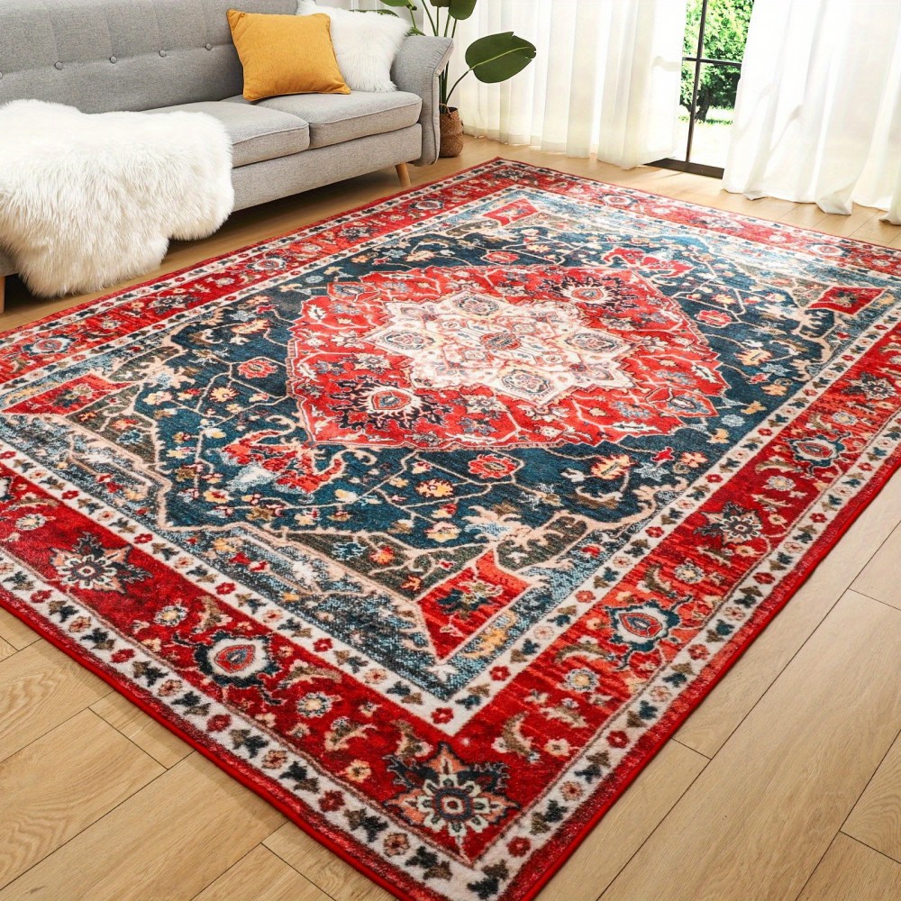 Tapete vintage lavável de baixa pilha LOCHAS, tapete interior com estampa floral antiderrapante para sala de estar, tapetes de acréscimo de piso sem derramamento para quarto, sala de jantar, decoração de escritório em casa, azul, vermelho, laranja, preto,