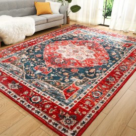 Tapete vintage lavável de baixa pilha LOCHAS, tapete interior com estampa floral antiderrapante para sala de estar, tapetes de acréscimo de piso sem derramamento para quarto, sala de jantar, decoração de escritório em casa, azul, vermelho, laranja, preto,