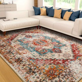 Tapete vintage lavável de baixa pilha LOCHAS, tapete interior com estampa floral antiderrapante para sala de estar, tapetes de acréscimo de piso sem derramamento para quarto, sala de jantar, decoração de escritório em casa, azul, vermelho, laranja, preto,