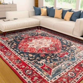 Tapete vintage lavável de baixa pilha LOCHAS, tapete interior com estampa floral antiderrapante para sala de estar, tapetes de acréscimo de piso sem derramamento para quarto, sala de jantar, decoração de escritório em casa, azul, vermelho, laranja, preto,