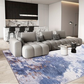 Tapete Antiderrapante Lavável à Máquina - Design Tribal Abstrato Bohemio em Azul e Branco, Mistura Durável de TPR & Poliéster, Tamanhos Grandes até 2.16m² para Sala de Estar, Quarto, Escritório, Entrada da Varanda Decoração de Casa, Tapete Lavável