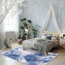 Tapete Antiderrapante Lavável à Máquina - Design Tribal Abstrato Bohemio em Azul e Branco, Mistura Durável de TPR & Poliéster, Tamanhos Grandes até 2.16m² para Sala de Estar, Quarto, Escritório, Entrada da Varanda Decoração de Casa, Tapete Lavável