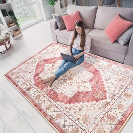 Tapete Boho Tribal Falso Peludo - Antiderrapante Lavável à Máquina com Design Vibrante Vermelho/Bege/Laranja/Branco/Cinza/Preta, Mistura de TPR e Poliéster Durável para Sala, Quarto, Escritório, Entrada da Varanda, Decoração de Casa, Tapetes Florais para 