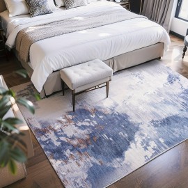 Tapete de área com padrão abstrato - Felpudo e lavável com base antiderrapante, elegante tapete de baixa pilha para espaços de vida, cozinha e entrada (Azul/Cinza) | 4x6, 5x7, 6x9