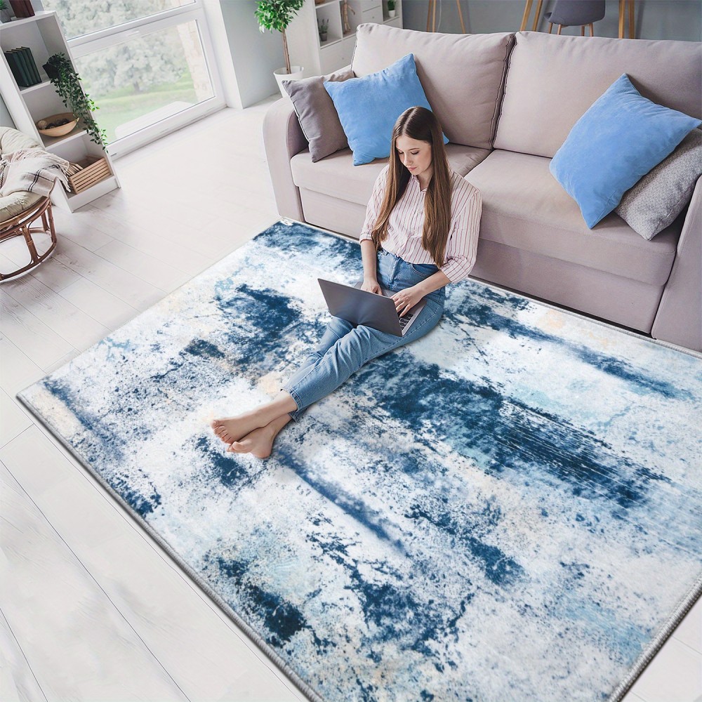 Tapete Moderno Abstrato Azul Lavável à Máquina de 9x11 Pés para Sala de Estar, Tapete Grande Antiderrapante de Baixo Pelo para Quarto, Fazenda, Sala de Jantar, 5x8, 7x10 Pés