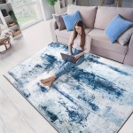 Tapete Moderno Abstrato Azul Lavável à Máquina de 9x11 Pés para Sala de Estar, Tapete Grande Antiderrapante de Baixo Pelo para Quarto, Fazenda, Sala de Jantar, 5x8, 7x10 Pés