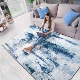 Tapete Moderno Abstrato Azul Lavável à Máquina de 9x11 Pés para Sala de Estar, Tapete Grande Antiderrapante de Baixo Pelo para Quarto, Fazenda, Sala de Jantar, 5x8, 7x10 Pés