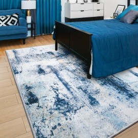 Tapete Moderno Abstrato Azul Lavável à Máquina de 9x11 Pés para Sala de Estar, Tapete Grande Antiderrapante de Baixo Pelo para Quarto, Fazenda, Sala de Jantar, 5x8, 7x10 Pés