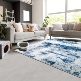 Tapete Moderno Abstrato Azul Lavável à Máquina de 9x11 Pés para Sala de Estar, Tapete Grande Antiderrapante de Baixo Pelo para Quarto, Fazenda, Sala de Jantar, 5x8, 7x10 Pés