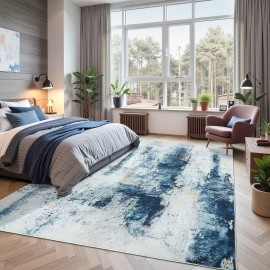 Tapete de Área Abstrato Moderno - Retrovisor de Borracha Antiderrapante, Ultra-Fino em Microfibra Macia, Design Abstrato Azul e Branco para Sala de Estar, Quarto, Cozinha, Decoração de Sala de Jantar, Acento de Quarto | Estilo Contemporâneo | Retrovisor A