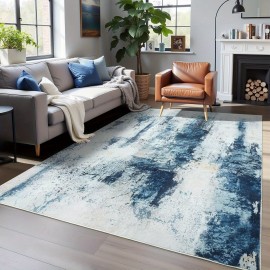 Tapete de Área Abstrato Moderno - Retrovisor de Borracha Antiderrapante, Ultra-Fino em Microfibra Macia, Design Abstrato Azul e Branco para Sala de Estar, Quarto, Cozinha, Decoração de Sala de Jantar, Acento de Quarto | Estilo Contemporâneo | Retrovisor A