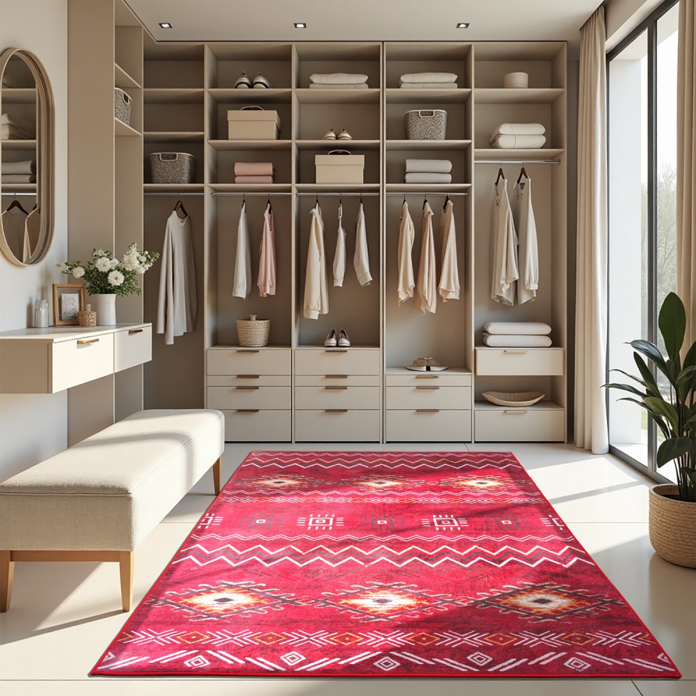 Tapete Tribal Vintage Lavável à Máquina - Base Antiderrapante TPR, Pelo Baixo Ultra-Macio, Grande Tapete Amigo dos Animais para Sala de Estar, Quarto, Escritório e Entrada - Decoração Geométrica Vermelho/Branco/Preto, Tapetes para Sala de Estar, Melhoria 