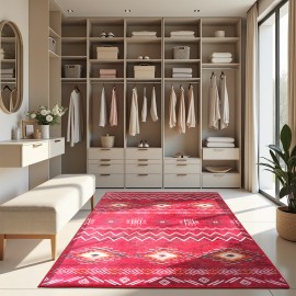 Tapete Tribal Vintage Lavável à Máquina - Base Antiderrapante TPR, Pelo Baixo Ultra-Macio, Grande Tapete Amigo dos Animais para Sala de Estar, Quarto, Escritório e Entrada - Decoração Geométrica Vermelho/Branco/Preto, Tapetes para Sala de Estar, Melhoria 