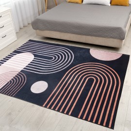 Tapete geométrico moderno - Anti-deslizante, lavável à máquina, design inspirado na vintage em azul, rosa e branco - Perfeito para decoração de sala de estar, quarto, escritório e entrada, tapetes para sala de estar.