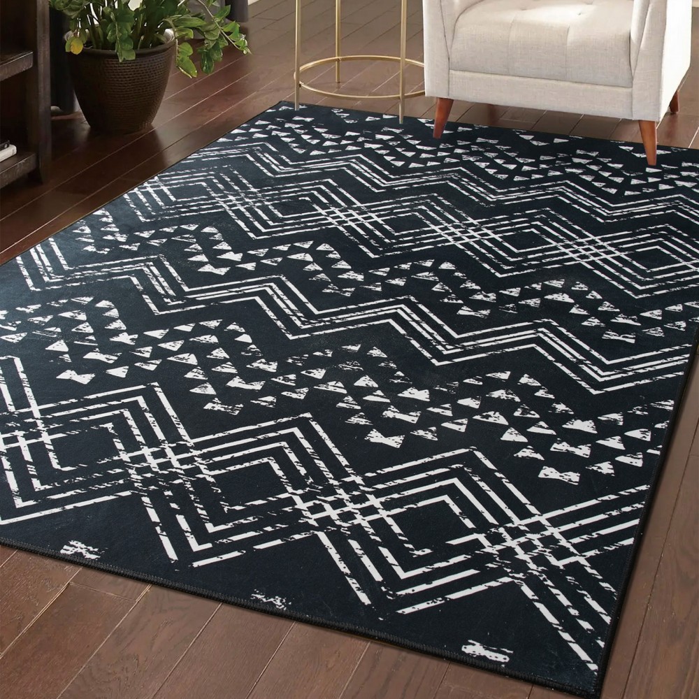 Tapete Bohemio Lavável à Máquina - Estampa Geométrica Vintage Retro com Base Antiderrapante TPR, Ultra Macio e Pet-Friendly para Sala, Quarto, Escritório ou Varanda - Decoração Casa Azul Marinho e Branco, Tapete Extra Grande, Design Moderno Boho, Construç